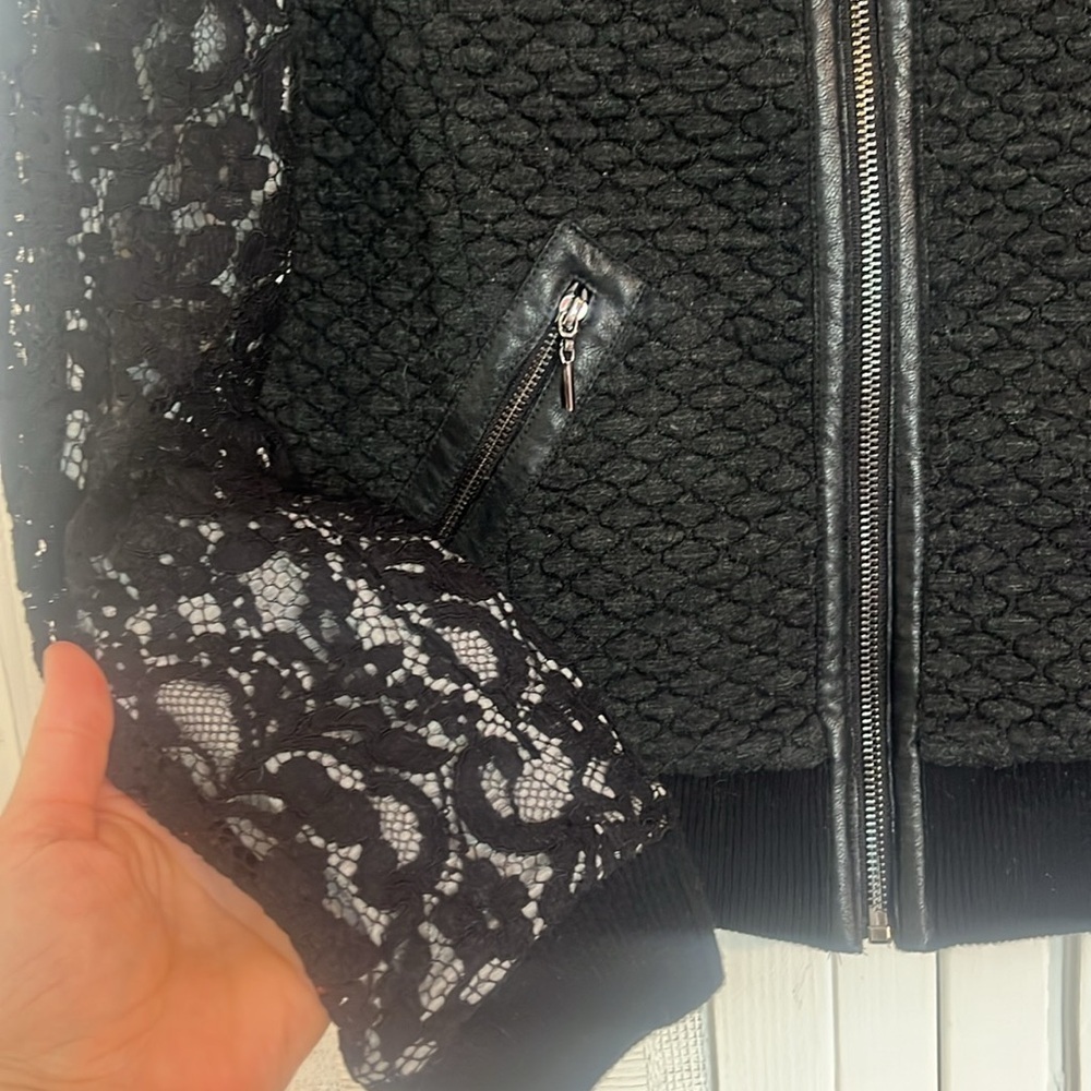 Rebecca Taylor Bomber Lace Leather combination Jacket size 8 - Picture 4 of 5